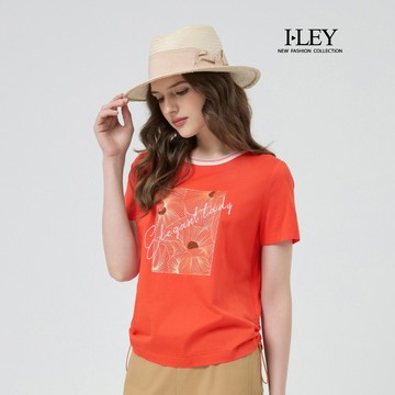 ILEY伊蕾 撞色圓領刺繡印花純棉上衣(桔；M-XL)
