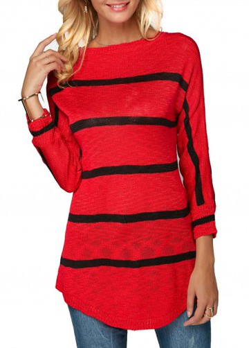 Pullover Curved Hem Striped Red Sweater