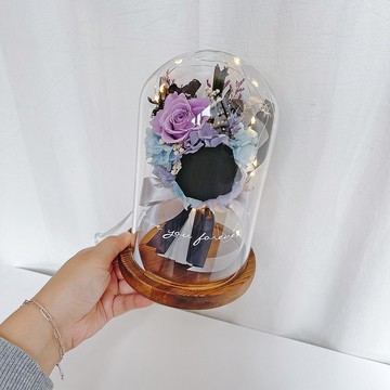 情人節禮物/客製化禮物 LED玫瑰花束永生花鐘罩 -丁香紫+神秘黑