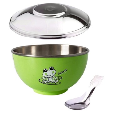 ZEBRA THAILAND 304 不銹鋼上蓋兒童隔熱碗 可愛造型圖案 雙層隔熱設計  綠色  附蓋兒童碗 + 湯匙  1組