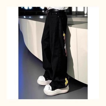 美式時尚潮流十字架牛仔褲男秋季新款休閒百搭寬鬆長褲男