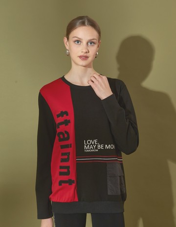 ★【喜芝梅】都市騎士 拼色印花潮流口袋圓領上衣(黑色；M-2L) 224470955