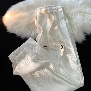 大尺碼 韓版寬鬆 褲子女男高腿男 褶皺波浪感長褲 百搭潮流簡約褲子男