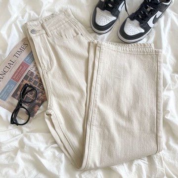現貨 ⓇⒺⓃⒶ｜腿長長韓妞💛｜米白水洗牛仔長褲_帥氣/鬼馬/顯瘦/高腰/長褲/牛仔褲【R20845】