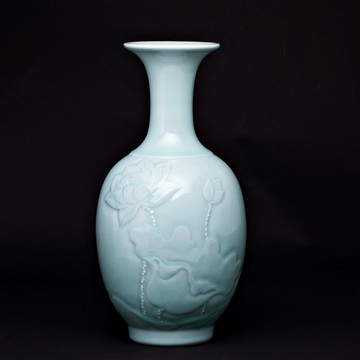 景德鎮仿古影青浮雕陶瓷花瓶插花新中式客廳博古架裝飾品家居擺件
