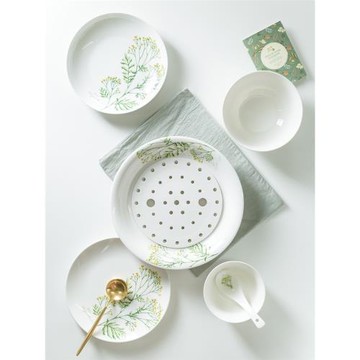 陶瓷碗碟套裝 家用盤子菜盤野生植物餃子餐具組合瓷碗 飯碗 家用