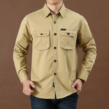 男士時尚休閑長袖襯衣男春季水洗純棉襯衫戶外工裝大碼寬松上衣潮
