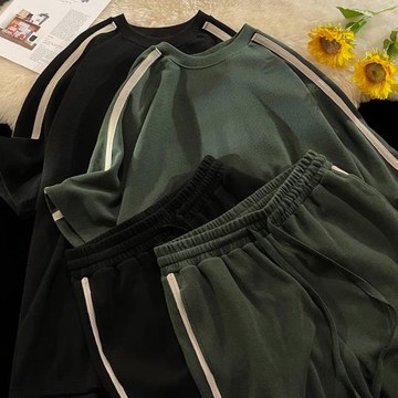 冰絲運動套裝男夏季薄款休閑短褲短袖兩件套夏裝一整套華夫格t恤