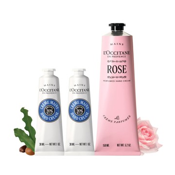 【L’OCCITANE 歐舒丹】7月限定優惠★南法玫瑰手護禮(玫瑰護手霜150ml+乳油木護手霜30ml*2)