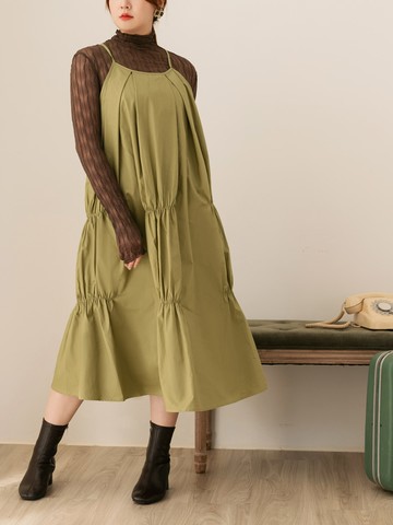 純棉寬鬆抓皺造型可調式細肩洋裝