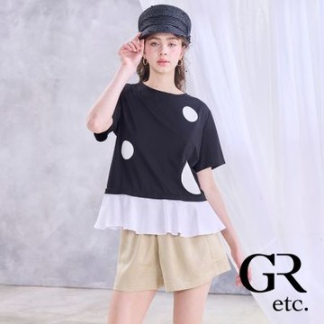 【GLORY21】網路獨賣款-etc.圓點拼接異料圓領上衣-黑色