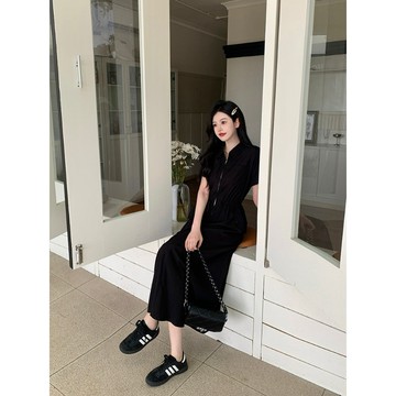 2985L_大尺碼女裝溫柔顯瘦抽繩口袋裙顯瘦A字連身裙胖MM藏肉顯瘦裙