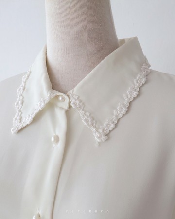 復古刺繡領寬鬆歐美版型長袖米黃色古著襯衫