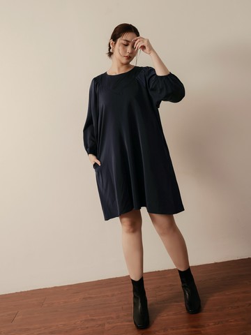 雲朵自訂款-微光澤抓皺拼接拋袖中洋裝