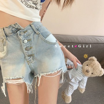 酷甜拽姐破洞毛邊牛仔短褲女夏季高腰顯瘦不規則排扣闊腿A字熱褲