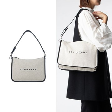 [平輸版]LONGCHAMP ESSENTIAL系列帆布LOGO字母肩背包(大/亞麻)真品平輸