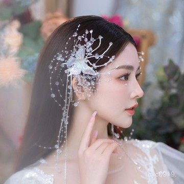 全網最殺價💯2025新款蝴蝶流蘇珍珠髮夾女新娘婚紗頭飾僊美森係水晶髮飾配飾