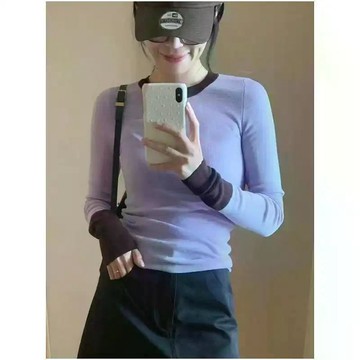冬季新款德絨內搭 撞色領圓領上衣 長袖打底衫 假兩件長袖T恤女 撞色圓領長袖T恤 拼色打底衫 德絨長袖女裝上衣