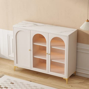 免運 北歐風廚房收納櫃 法式巖板餐邊柜現代簡約一體靠墻實木儲物柜廚房碗柜奶油風置物柜