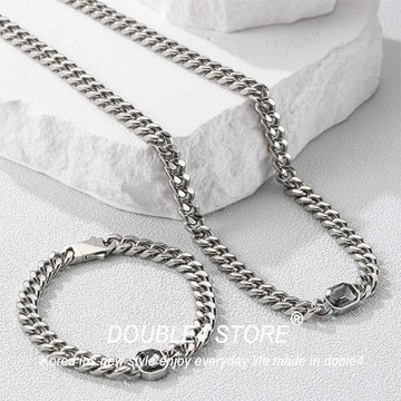 【DOUBLE4】鈦鋼 項鍊 鋼手鍊 灰寶石 古巴項鍊 不退色 韓系 蹦迪 穿搭 男項鍊 男女 【C65】