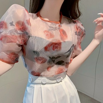 法式復古泡泡袖印花網紗襯衫女夏季修身百搭性感透視洋氣小衫上衣