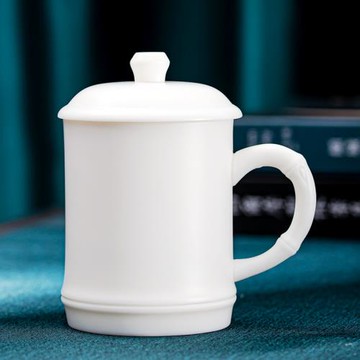 贏匠手工跳刀羊脂玉白瓷辦公水杯月躍龍門陶瓷領導會議泡茶杯刻字