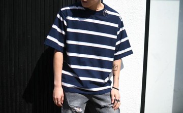 FINDSENSE MD 日系 時尚 潮 男 休閒 條紋 衣領別針裝飾 短袖T恤 特色短T 條紋T