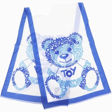 MOSCHINO 塗鴉字母泰迪熊棉質混紡藍框披肩/圍巾