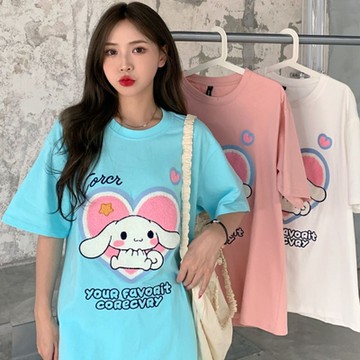 La Belleza圓領小狗英文字刺繡毛巾布貼布長版棉質T恤