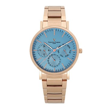 Valentino Coupeau 范倫鐵諾 古柏 時尚三眼腕錶 (玫殻/鋼帶/藍面)