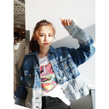 拼接牛仔外套女撞色破洞短款寬松乞丐服angelababy楊穎明星同款秋