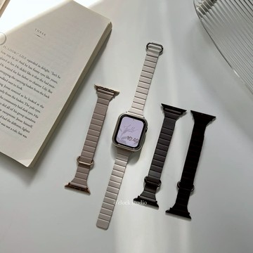 【O'CLOCK STUDIO】細款強力磁吸金屬環Apple Watch 荔枝皮革錶帶
