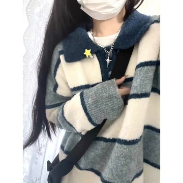 polo領藍白條紋軟糯溫柔毛衣女小眾設計感日系復古時尚慵懶風針織外套【聚寶屋】