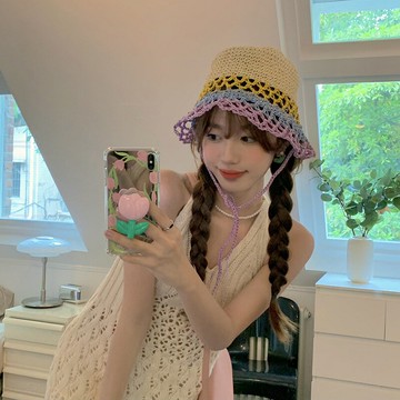 彩虹之夏 漸變色鏤空漁夫帽夏季女透氣草帽遮陽防紫外線太陽帽子