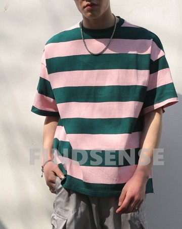 FINDSENSE品牌 設計 OVERSIZE 穿搭 條紋 寬鬆 撞色 短袖 五分袖