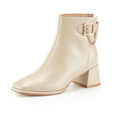 TAS 個性金屬鍊飾羊皮粗跟短靴 杏色 #44809