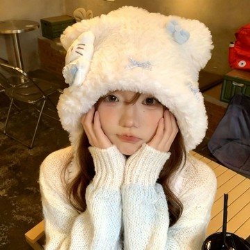 限時特賣 可愛帽子 毛絨帽 針織帽 帽子 可愛 Kitty玩偶毛絨繫帶套頭帽子女秋冬護耳加厚保暖雷鋒帽毛線針織帽 田螺精