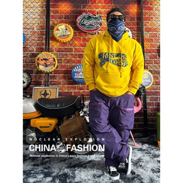 核爆炸美式街頭嘻哈多袋男女潮牌紫色寬松直筒機能戶外休閑長褲子