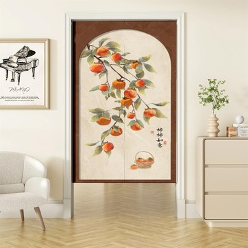 【嵐楓居家】長門簾風水簾-柿柿平安／一片式（85cm*180cm日式門簾/門簾/風水簾/長門簾/免打孔穿桿門簾）_廠商直送