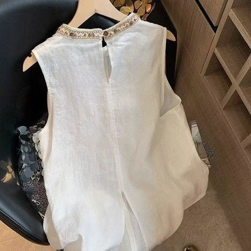 夏季女裝高級輕奢釘珠無袖背心新款森繫上衣設計感寬鬆無袖上衣女無袖上衣 慵懶風背心 顯瘦背心 女生背心