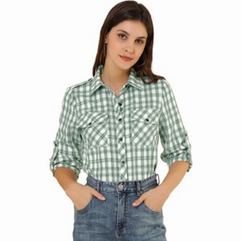Allegra K チェックシャツ レディース トップス 長袖 ロールアップスリーブ 胸ポケット 秋 ライトグリーン L 通販 Lineポイント最大get Lineショッピング