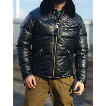 阿美咔嘰機車羽絨服 綿羊皮拼馬皮 加厚保暖羊毛領真皮羽絨皮衣男