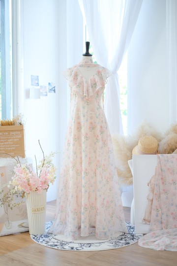 禮服｜綁結設計｜長洋裝｜淡粉色｜碎花圖案