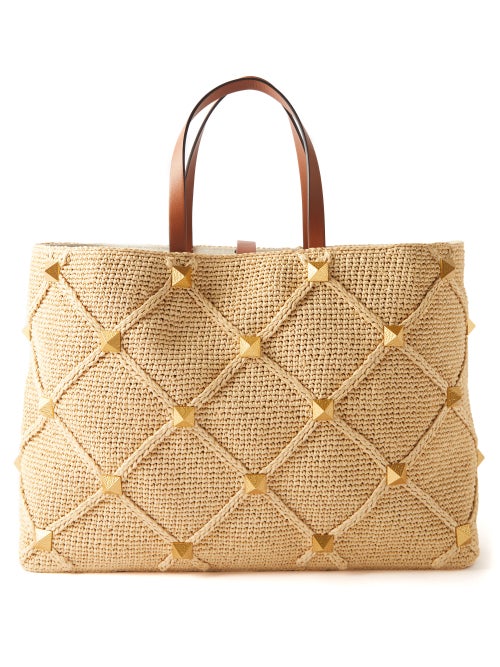 Valentino Garavani - Roman Stud Leather And Woven Basket Bag - Womens - Cream