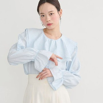 【earth music】2WAY可拆式領片壓紋蓬袖襯衫