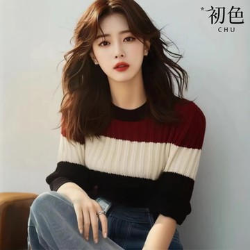 初色 法式小香風撞色圓領長袖毛衣針織衫上衣女上衣-條紋-38938(F可選)