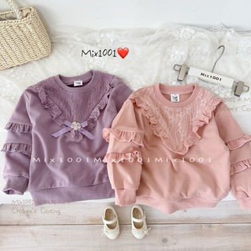 🌈mix1001🔥氣質女孩小花蝴蝶結拼接緹花造型上衣✨兒童質感蕾絲緹花造型袖上衣 5-17