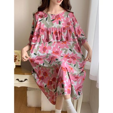 防凸點棉綢女士薄款松睡衣睡裙特大碼綿綢圓領連衣裙人造棉可外穿