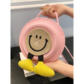 小眾設計包包女夏2025新款草編手工編織包單肩斜挎可愛笑臉小圓包