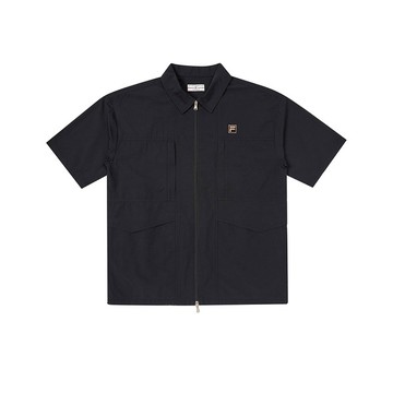 FILA #復古飛馳 男短袖雙向拉鍊襯衫外套-黑色 1WSZ-5413-BK